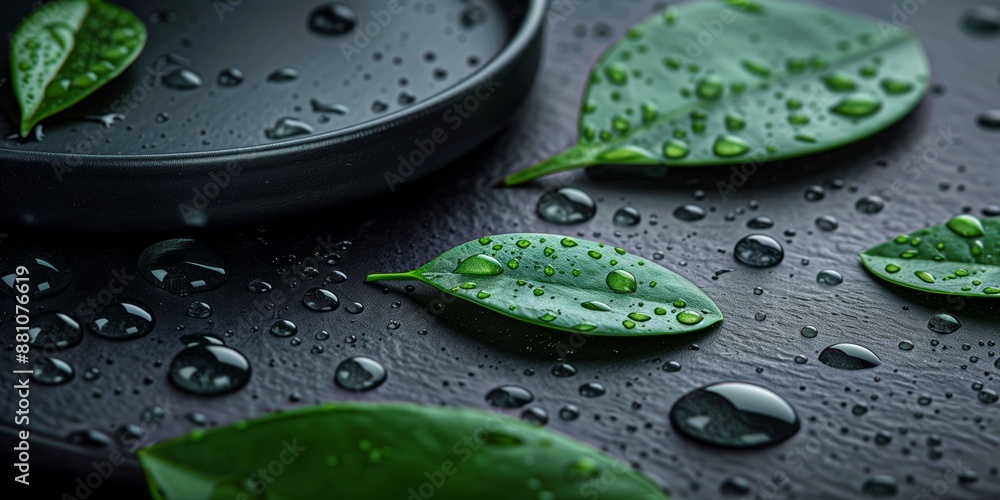 Nature-inspired minimalist design featuring green leaves with water droplets on dark surfaces, ideal for elegant decor, Nature-inspired minimalist design featuring green leaves with water droplets on dark surfaces, ideal for elegant decor,