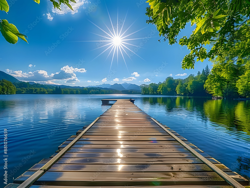 Fototapeta premium Tranquil lake with wooden dock and bright shining sun