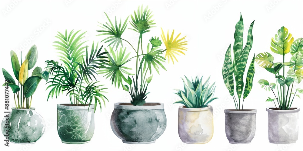 Row of potted plants with different sizes and shapes. House plants are arranged in a row, with some taller and some shorter Row of potted plants with different sizes and shapes. House plants are arranged in a row, with some taller and some shorter