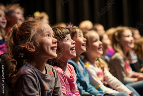 A group of children are sitting in a theater, smiling and laughing, generative ai image.