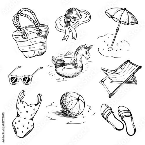 Beach set in doodle style with a hat, a unicorn circle, sunglasses, a swimsuit, a ball, a beach umbrella, a sun lounger, a beach bag and flip flops. Graphic arts