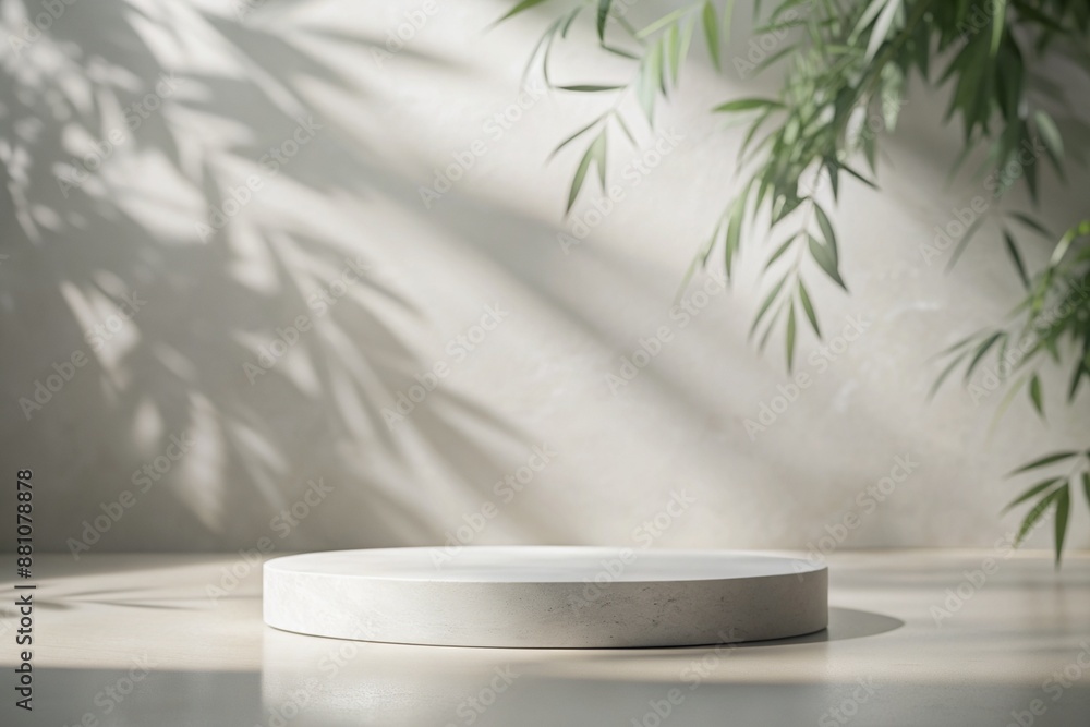 White stone podium for presentation with blurry leaves and shadows. Concept scene stage showcase for new product, promotion sale, banner, presentation, cosmetic White stone podium for presentation with blurry leaves and shadows. Concept scene stage showcase for new product, promotion sale, banner, presentation, cosmetic