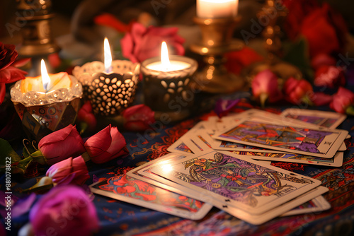 A beautiful table decorated for tarot card reading