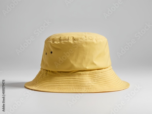 yellow bucket hat mockup sits alone on a crisp white background, ready for summer adventures. This cheerful hat is a perfect addition to any beach day or poolside relaxation.