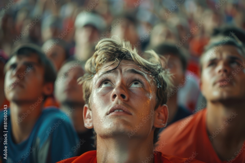 a man is looking up at the crowd while watching a game a man is looking up at the crowd while watching a game