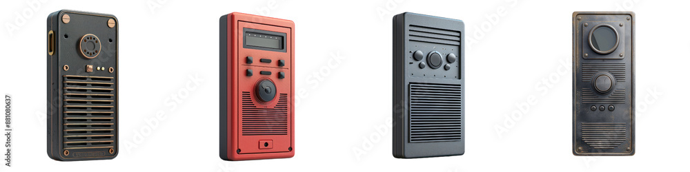 A collection of four retro portable radios in various designs and colors, highlighting vintage electronics and old technology. A collection of four retro portable radios in various designs and colors, highlighting vintage electronics and old technology.