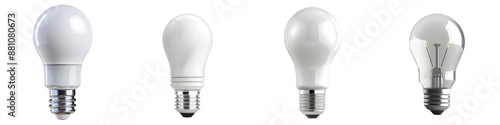 A set of four different types of light bulbs, including LED and incandescent, on a white background. Perfect for energy and lighting concepts.