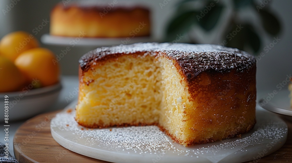 Close-up of a cake on a plate, oranges on table, orange bowls in background Close-up of a cake on a plate, oranges on table, orange bowls in background