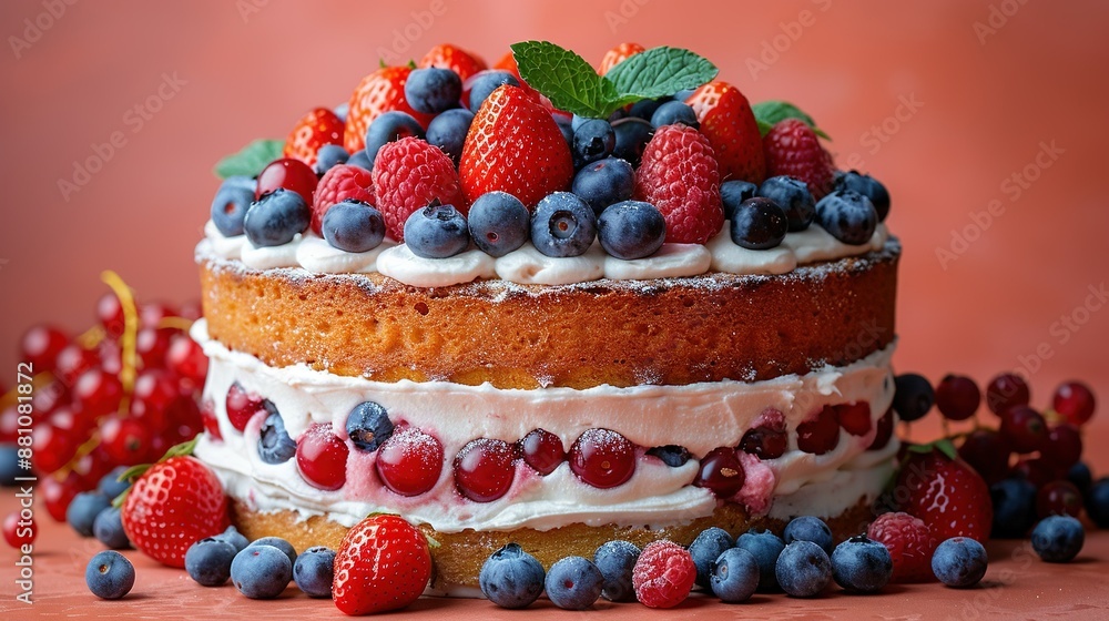Close-up of a cake on a table with berries and blueberries on top and bottom Close-up of a cake on a table with berries and blueberries on top and bottom