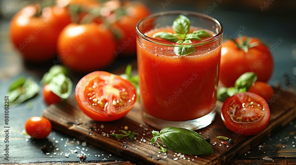 A glass of tomato juice rests atop a wooden cutting board beside freshly sliced tomatoes and aromatic basil A glass of tomato juice rests atop a wooden cutting board beside freshly sliced tomatoes and aromatic basil
