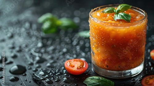  A glass with drink on table, surrounded by tomatoes and basil