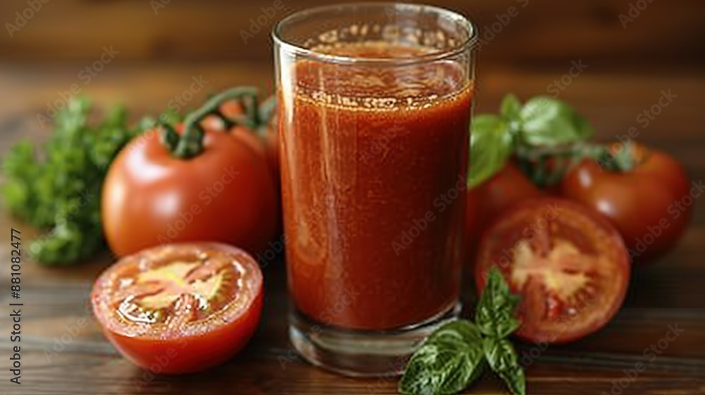 A tomato and a glass of tomato juice on a wooden table with tomatoes and basil nearby A tomato and a glass of tomato juice on a wooden table with tomatoes and basil nearby