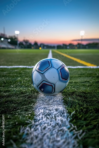 a soccer ball on the field at sunset