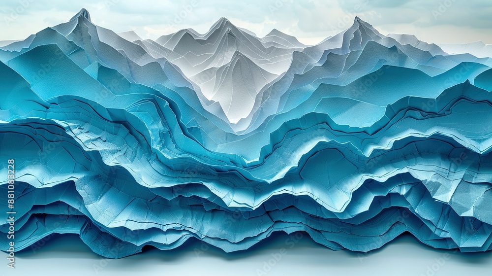 Blue and White Folded Paper Mountain Range with Blue Sky Background Painting Blue and White Folded Paper Mountain Range with Blue Sky Background Painting