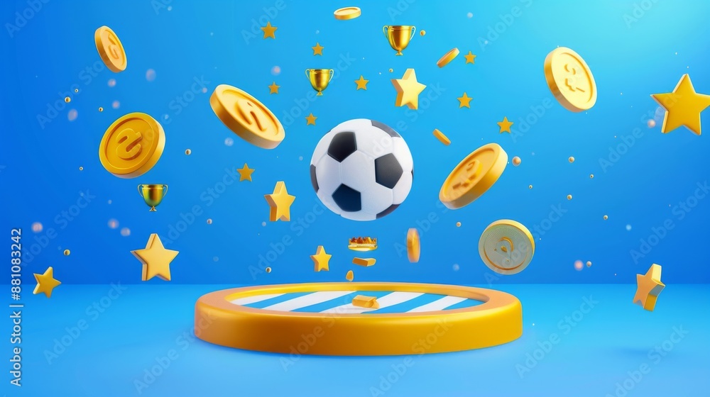 blue podium with football ball, golden stars and coins floating around it on the right side of picture blue podium with football ball, golden stars and coins floating around it on the right side of picture