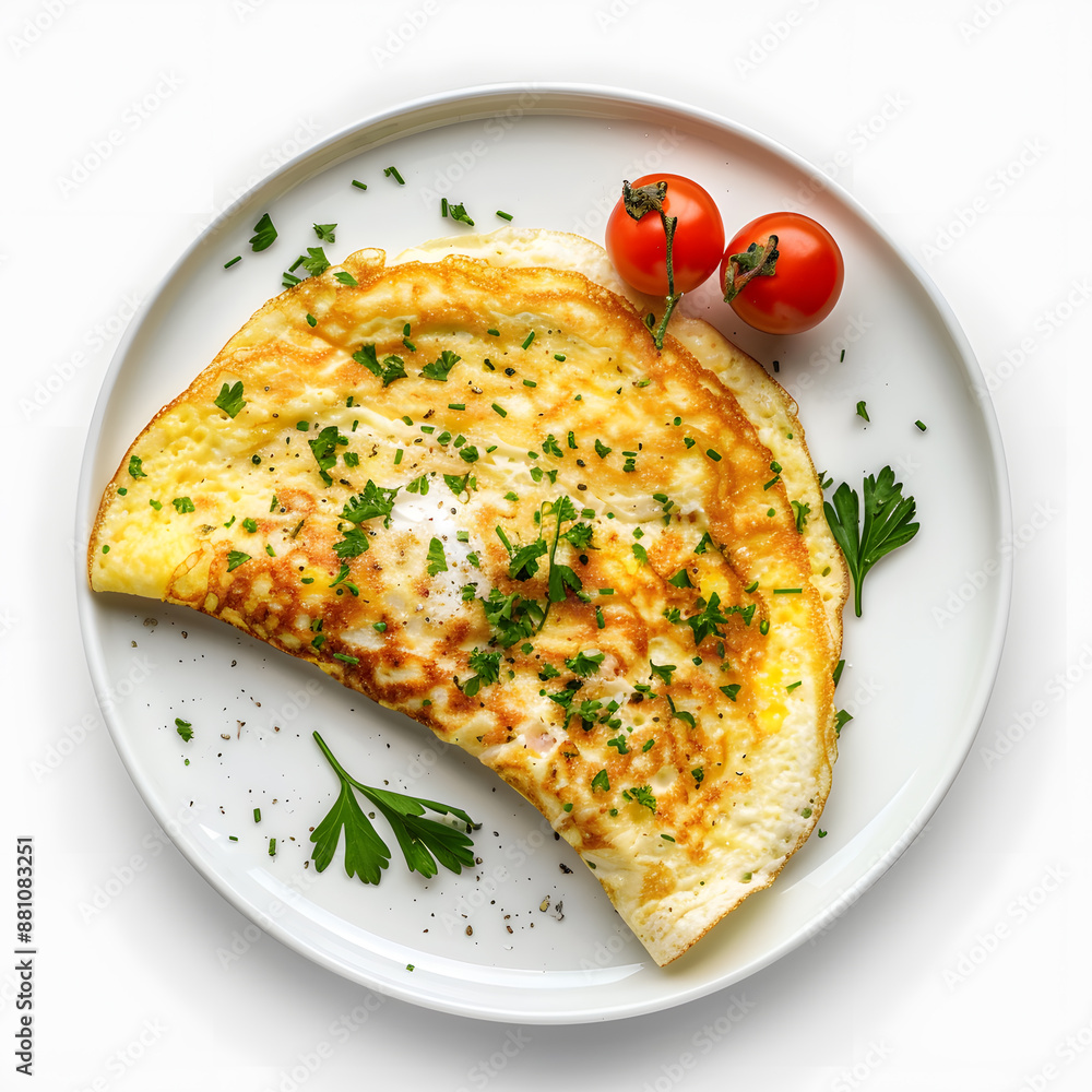Top view of egg omelette served on white plate isolated on a white background Top view of egg omelette served on white plate isolated on a white background