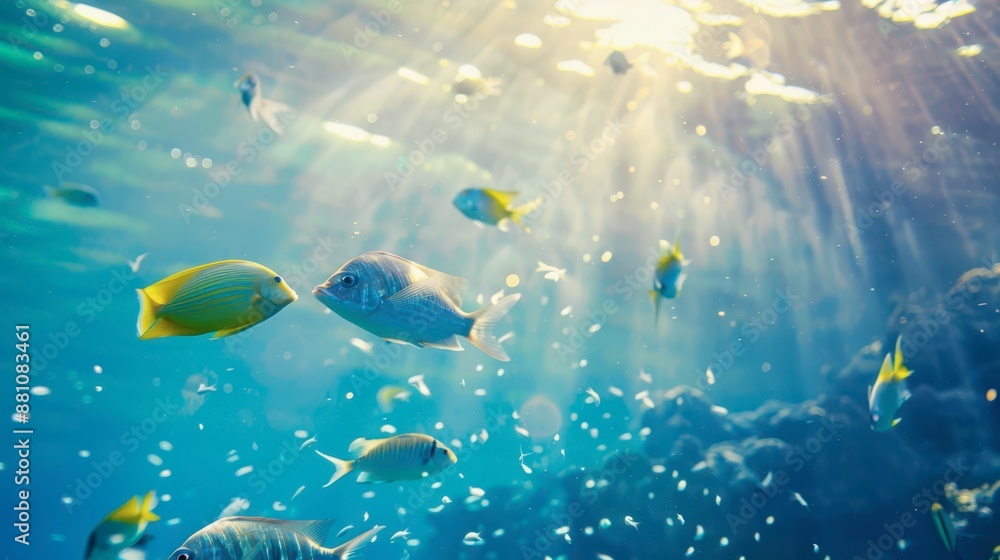 Fototapeta premium Underwater Sunlight Illuminates Colorful Fish in a Marine Aquarium