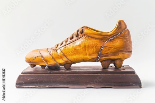 a wooden football boot on a wooden base