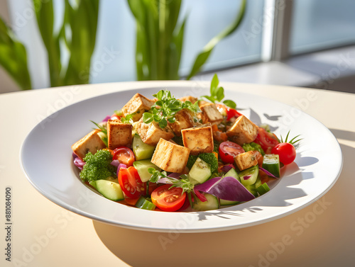 Close up of a healthy vegan tofu salad with fresh vegetables on a plate, blurry background 