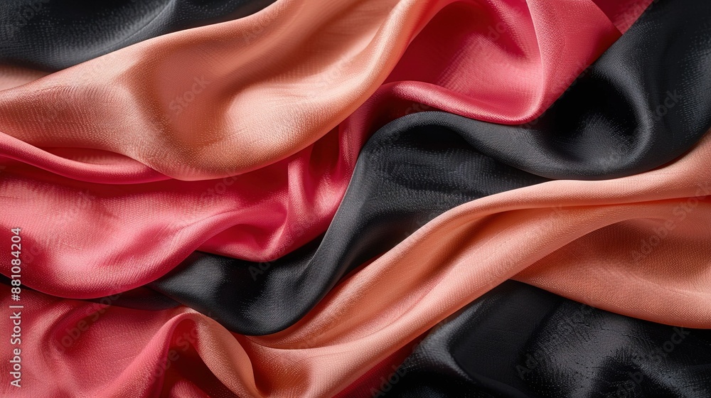 A close-up of a black, pink, and black satin material featuring a diagonal design A close-up of a black, pink, and black satin material featuring a diagonal design