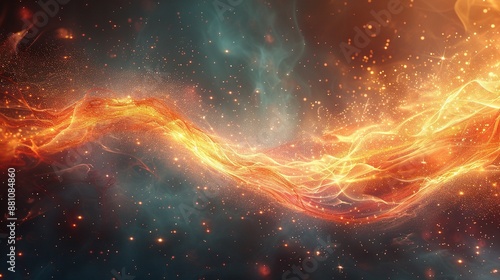  A vivid orange-yellow swirl on a dark backdrop with radiant stars and specks of dust surrounds this computer-generated image