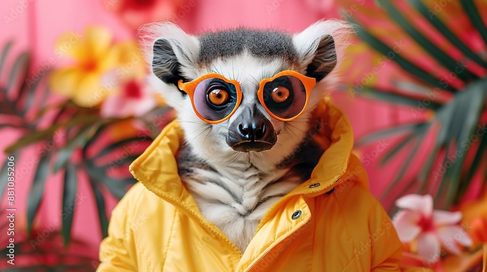 Close-up photo of a plush toy with orange glasses and yellow bee costume, surrounded by greenery Close-up photo of a plush toy with orange glasses and yellow bee costume, surrounded by greenery