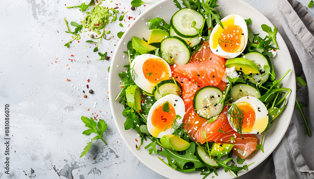 Ketogenic diet breakfast. Salt salmon salad with greens, cucumbers, eggs and avocado. Keto/paleo lunch. Top view Ketogenic diet breakfast. Salt salmon salad with greens, cucumbers, eggs and avocado. Keto/paleo lunch. Top view