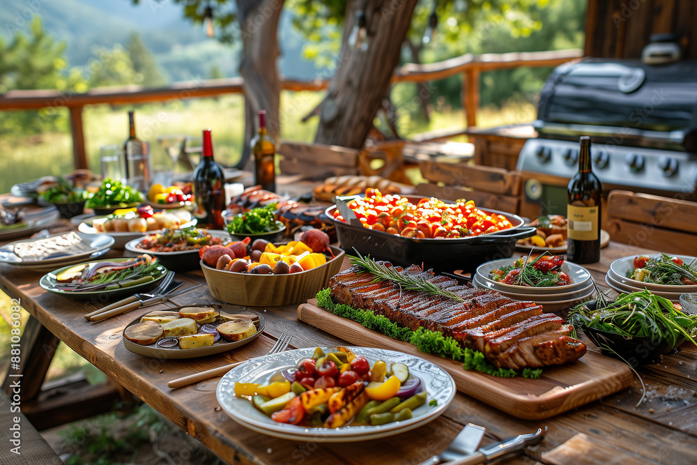 Picnic table set with BBQ dishes and sides Picnic table set with BBQ dishes and sides