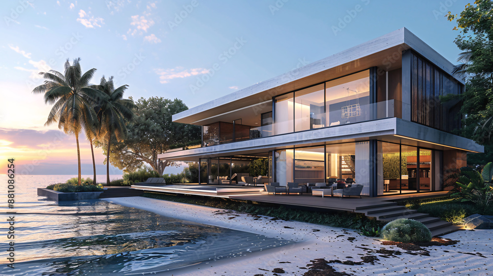 Modern beach house. Generative by AI Modern beach house. Generative by AI