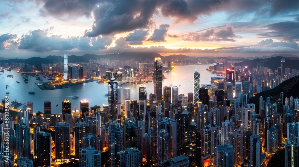 City skyline with a dramatic sunrise and city lights City skyline with a dramatic sunrise and city lights