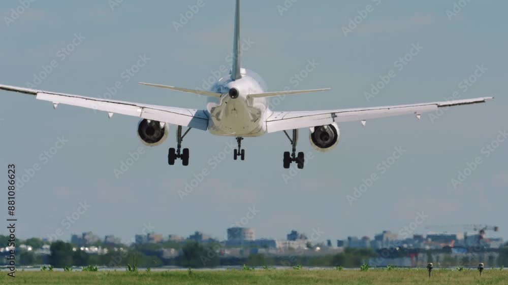 Rear view passenger airplane landing on runway in slow motion. Close-up unrecognizable white aircraft lands on airport runway. Orange signal pylons foreground. Heat distortions, warm sunny day Rear view passenger airplane landing on runway in slow motion. Close-up unrecognizable white aircraft lands on airport runway. Orange signal pylons foreground. Heat distortions, warm sunny day