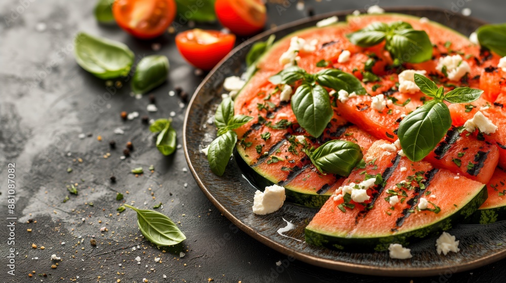 Grilled watermelon slices garnished with fresh basil leaves, crumbled feta cheese, and cherry tomatoes Grilled watermelon slices garnished with fresh basil leaves, crumbled feta cheese, and cherry tomatoes