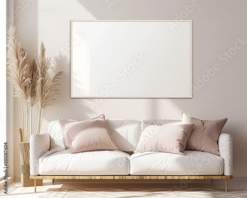 Minimalist living room with a white sofa, pale pink cushions, and pampas grass beside a large, blank canvas wall art. photo