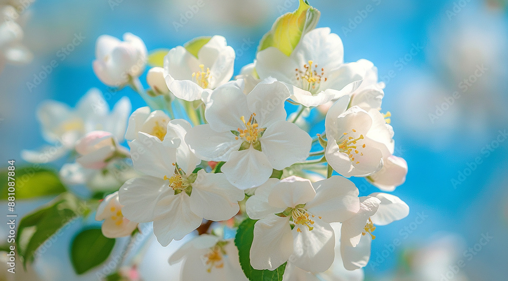 Beautiful white apple blossoms in spring against a blue sky. High resolution photography shows a detailed Beautiful white apple blossoms in spring against a blue sky. High resolution photography shows a detailed