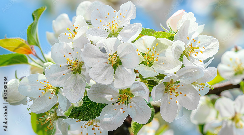 Beautiful white apple blossoms in spring against a blue sky. High resolution photography shows a detailed Beautiful white apple blossoms in spring against a blue sky. High resolution photography shows a detailed