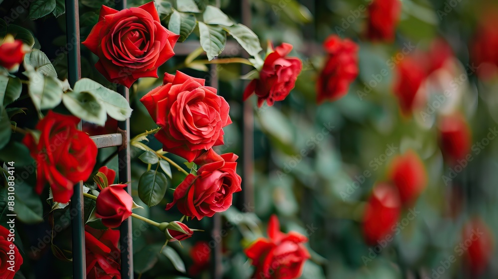 Red roses climbing a trellis with green leaves Red roses climbing a trellis with green leaves