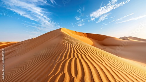 Vast desert landscape with rolling sand dunes and a bright blue sky