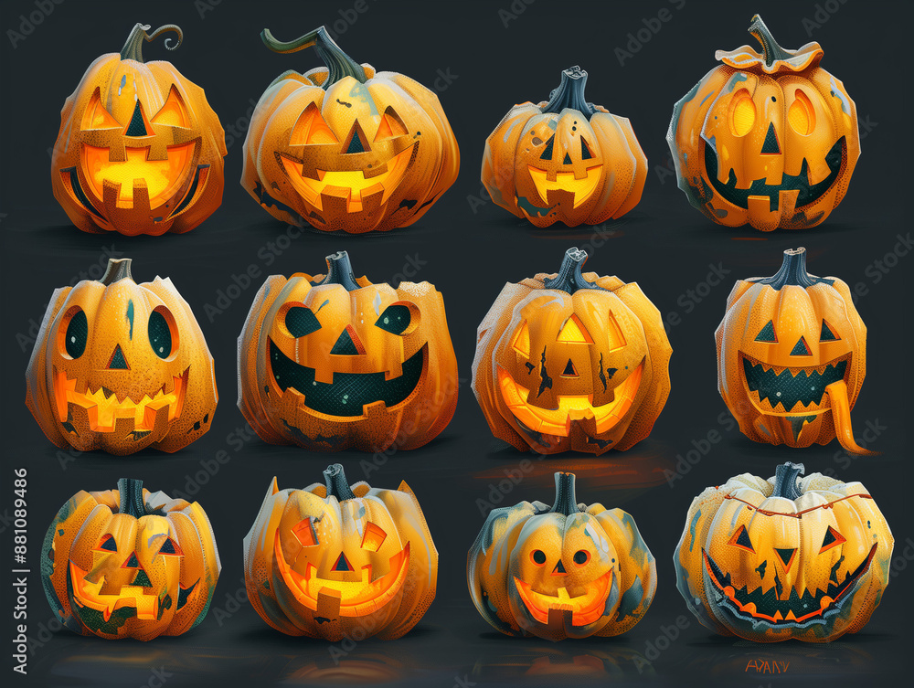 Spooky Jack-O'-Lantern Collection: A chillingly delightful assortment of 12 unique and expressive jack-o'-lanterns, each with a distinct personality. Perfect for Halloween decorations, invitations. Spooky Jack-O'-Lantern Collection: A chillingly delightful assortment of 12 unique and expressive jack-o'-lanterns, each with a distinct personality. Perfect for Halloween decorations, invitations.