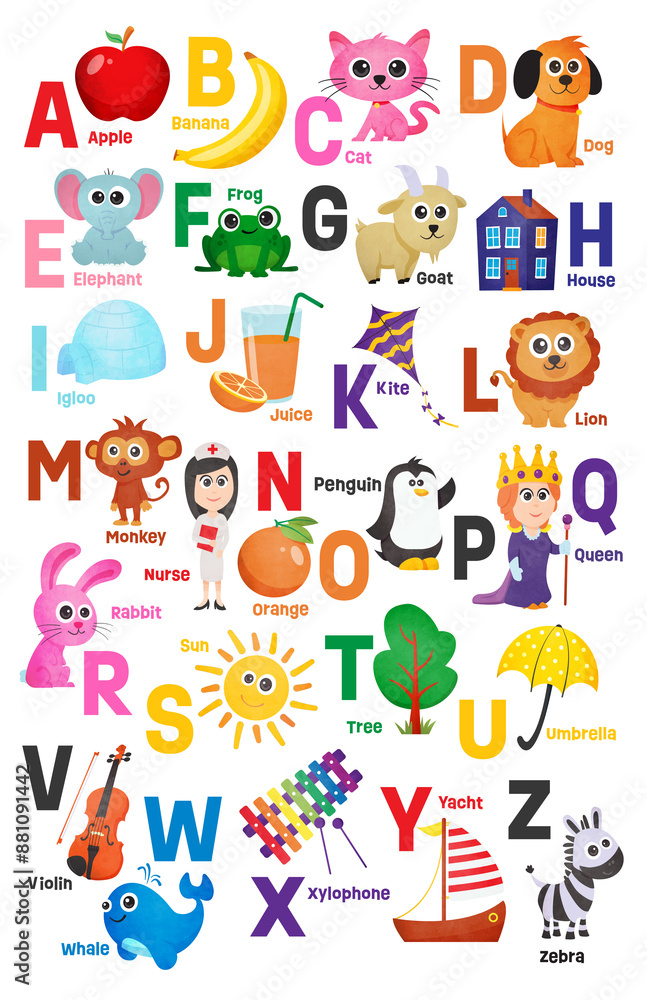 English A-Z alphabet fun poster with captions - Tabloid /a3 size English A-Z alphabet fun poster with captions - Tabloid /a3 size