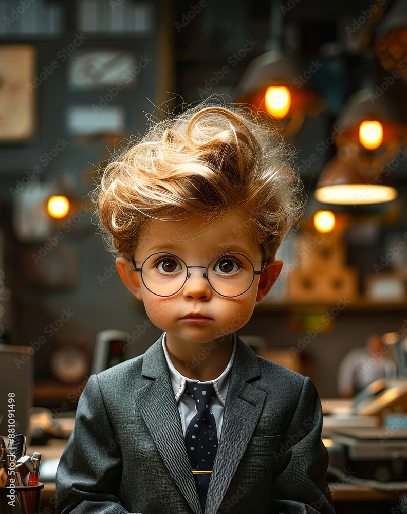 Adorable Young Child in Business Suit Working in Office, Humorous Corporate Scene, Daytime, Fun and Playful Mood Adorable Young Child in Business Suit Working in Office, Humorous Corporate Scene, Daytime, Fun and Playful Mood