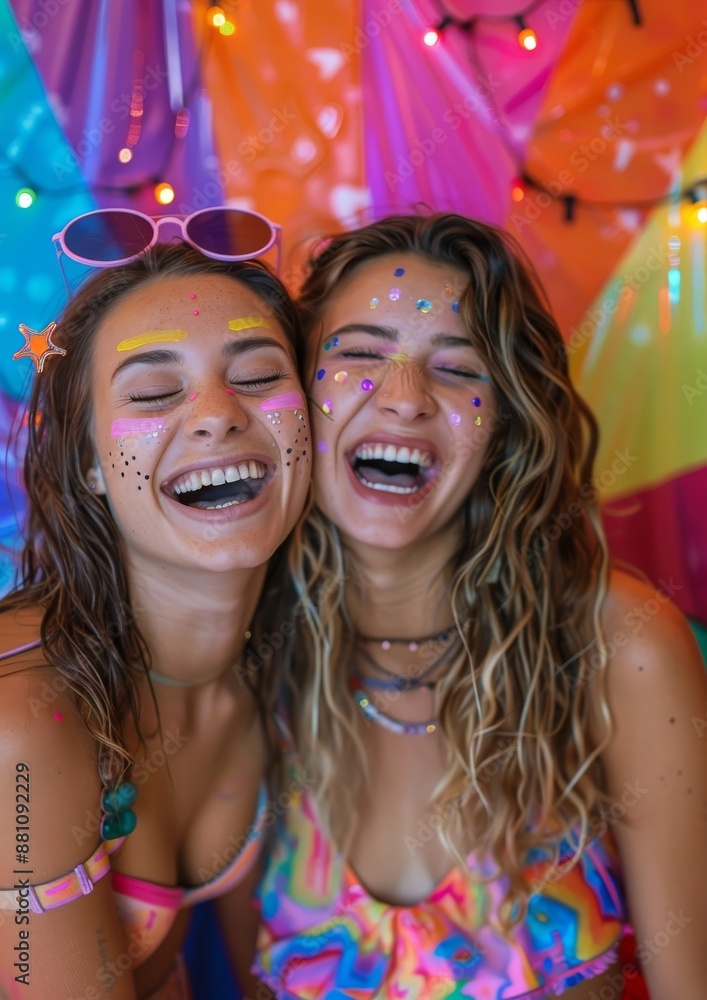 Fototapeta premium Two friends with vibrant face paint laughing in a colorful and festive environment