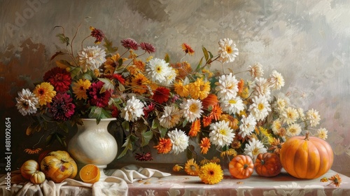 Fototapeta Naklejka Na Ścianę i Meble -  White table adorned with fall asters