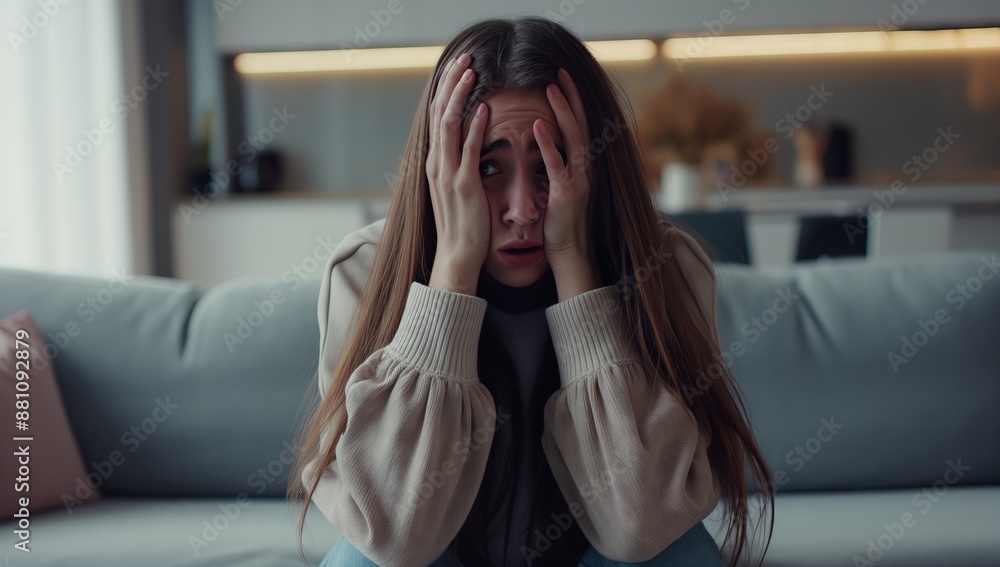 A distressed woman with hands on her head sitting on the couch A distressed woman with hands on her head sitting on the couch