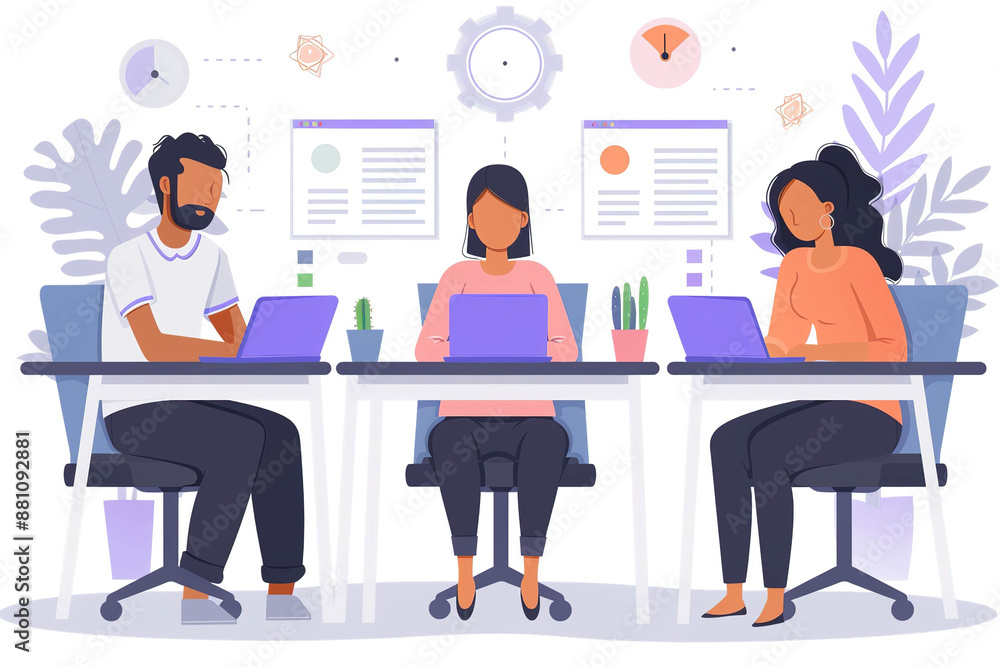 Diverse Coworkers Working on Laptops at Shared Desks in a Modern Office Diverse Coworkers Working on Laptops at Shared Desks in a Modern Office