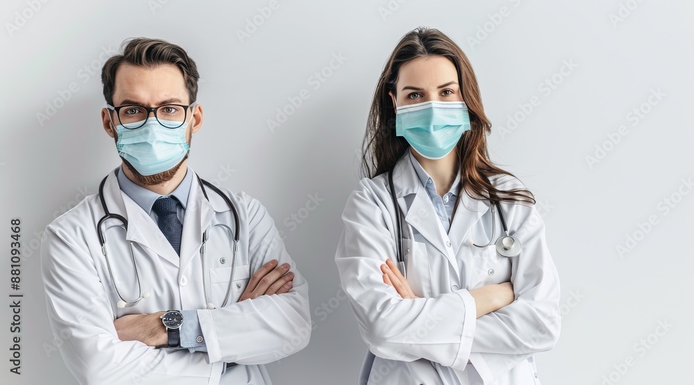 Two confident doctors standing with arms crossed wearing medical masks and stethoscopes Two confident doctors standing with arms crossed wearing medical masks and stethoscopes