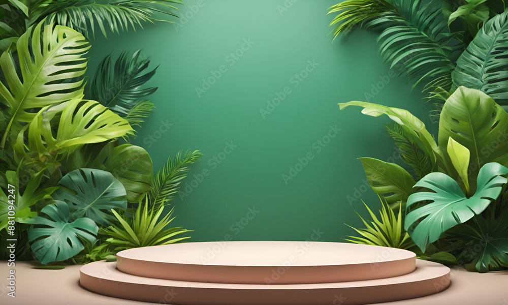 Podium with tropical plants, green leaves, product display Podium with tropical plants, green leaves, product display