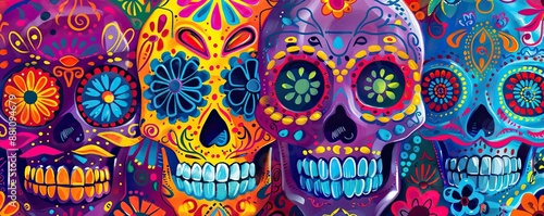 Festive Traditional Blank Sign with Colorful Painted Face Skulls Illustration