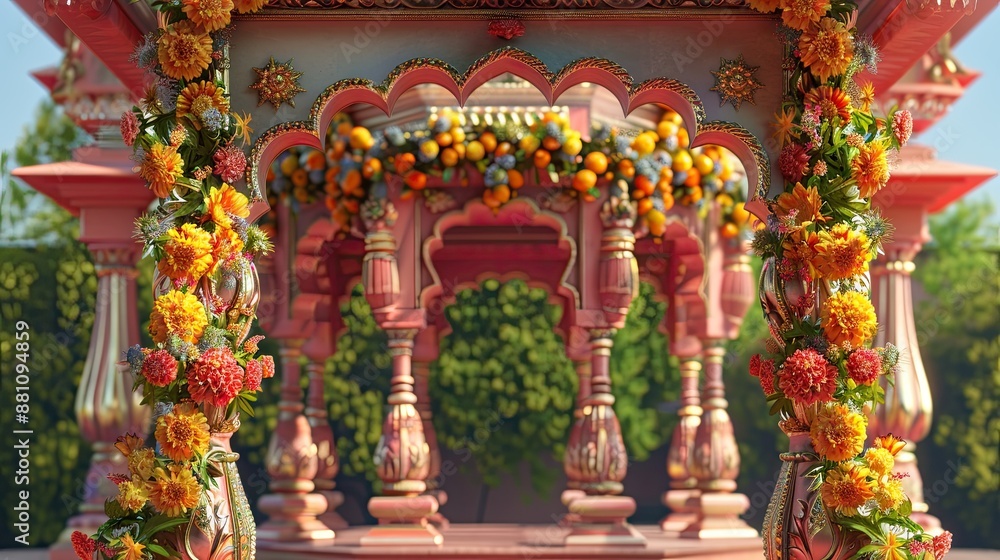 Fototapeta premium Vibrant Marigold Arches on Blank Sign - Traditional Ornate Decoration in 3D Rendering
