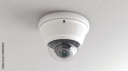 Cctv camera, white ceiling, front view, close-up of the lens, photorealistic, high resolution