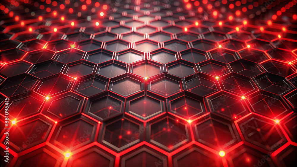 Dark futuristic abstract background featuring a mesmerizing grid of glowing red hexagons, radiating an eerie high-tech ambiance, perfect for sci-fi settings. Dark futuristic abstract background featuring a mesmerizing grid of glowing red hexagons, radiating an eerie high-tech ambiance, perfect for sci-fi settings.